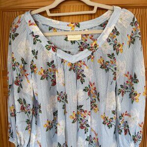Maeve Anthropologie Floral V Neck Blouse Blue Med